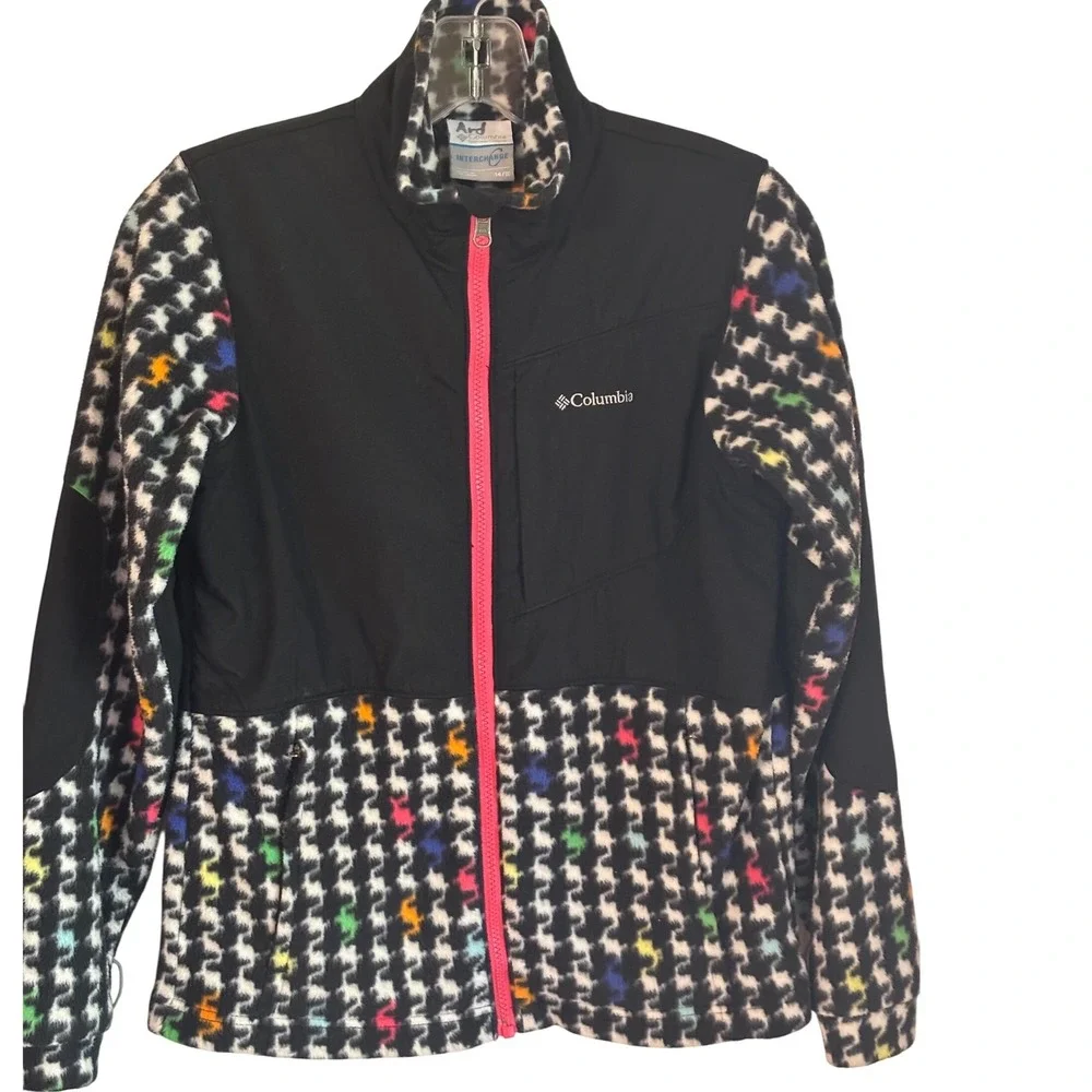 Columbia Interchange Fleece‎ Jacket Houndstooth Black Pink Youth Size 14/16